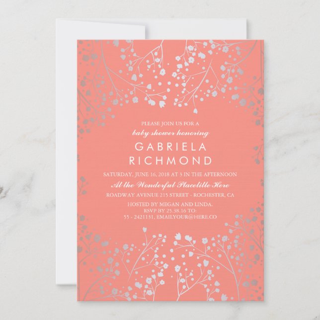 Silver Gipskraut Elegante Coral Baby Dusche Einladung (Vorderseite)