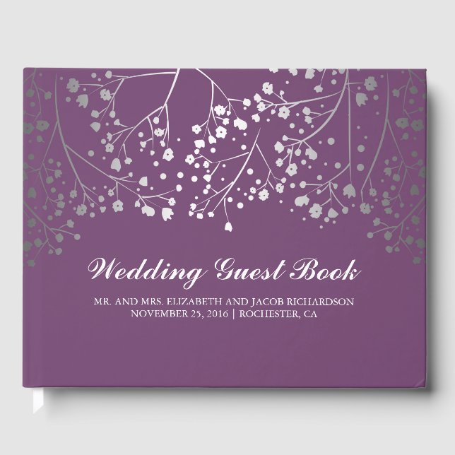 Silver Gipskraut Floral Elegante Plum Lila Gästebuch (Vorderseite)