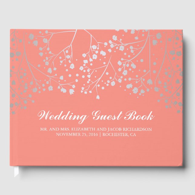 Silver Gipskraut Floral Elegante Rosa Hochzeit Gästebuch (Vorderseite)