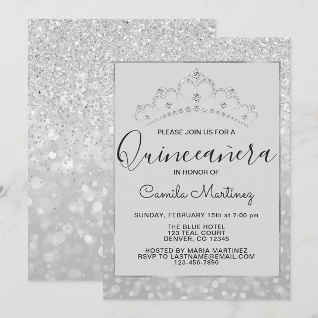 Silver Girly Glitzer Sparkle Quinceanera Einladung (Vorne/Hinten)