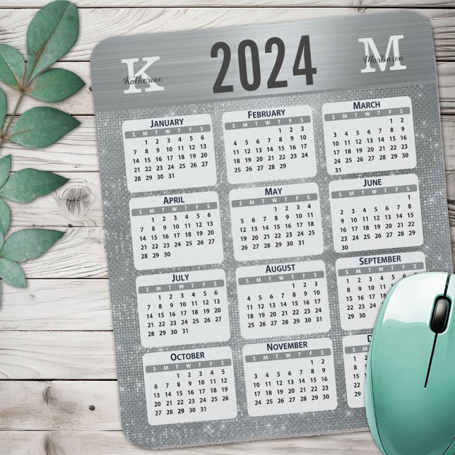 Silver Glam Sparkle Monogram Name 2024 Calendar Mousepad (Von Creator hochgeladen)