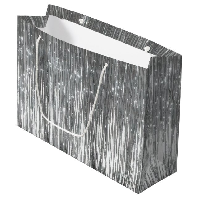 Silver Glam Tinsel Stripes Große Geschenktüte (Vorderseite Schrägansicht)