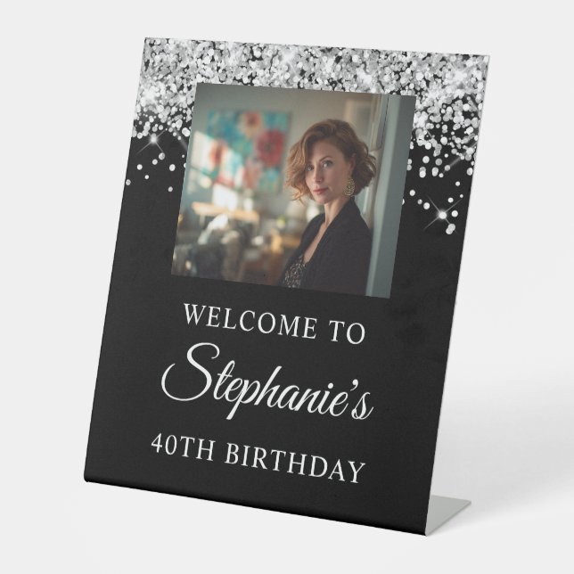 Silver Glitter Black Photo 40th Birthday Sockelschild (Vorderseite)