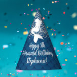 Silver Glitter Blue Mermaid Scales Custom Partyhütchen<br><div class="desc">Silver glitter tops off the blue mermaid scale background.  White mermaid silhouette sits above the customizable greeting template.</div>