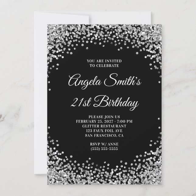 Silver Glitter Border Black 21st Birthday Einladung (Vorderseite)