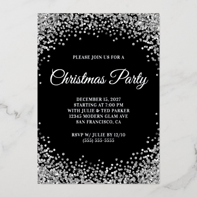 Silver Glitter Border Black Christmas Party Folieneinladung (Vorderseite)