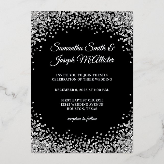 Silver Glitter Border Black Wedding Folieneinladung (Vorderseite)