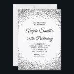 Silver Glitter Border White 50th Birthday Einladung<br><div class="desc">A glamorous modern minimalist text 50th Birthday invitation for her. 
Faux shiny silver grey glitter against solid white or the background color of your choice. 
All the glitter elements in this modern girly design are digital graphics that print like a photo.</div>