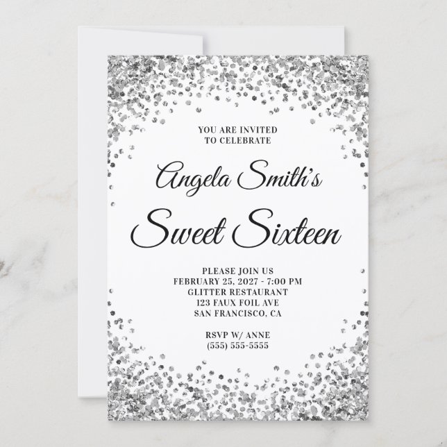 Silver Glitter Border White Sweet Sixteen Einladung (Vorderseite)
