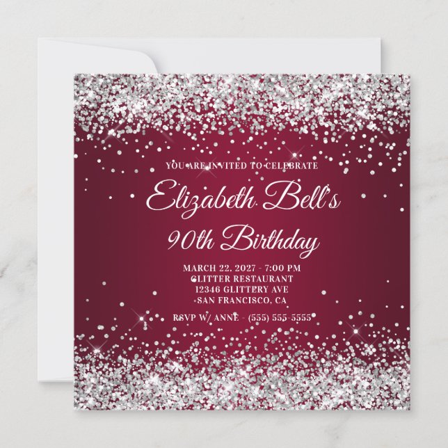 Silver Glitter Burgundy Ombre 90th Birthday Einladung (Vorderseite)