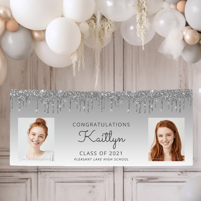 Silver Glitter Drip Two Photo Graduation Banner (Von Creator hochgeladen)