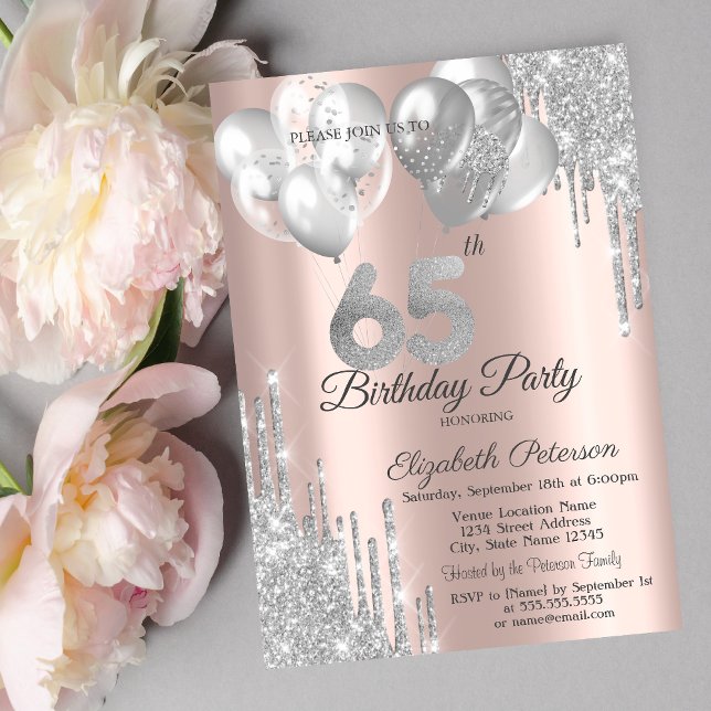 Silver Glitter Drips Balloons 65th Birthday  Einladung (Von Creator hochgeladen)