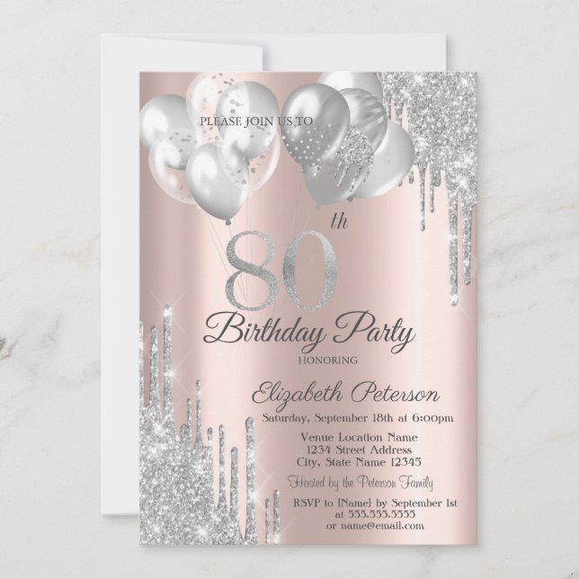 Silver Glitter Drips Balloons 80th Birthday  Einladung (Vorderseite)