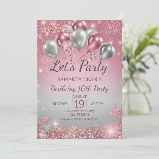 Silver Glitter Drips Balloons Birthday  Einladung (Stehend Vorderseite)