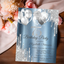 Silver Glitter Drips Balloons Blue Metallic 75th
