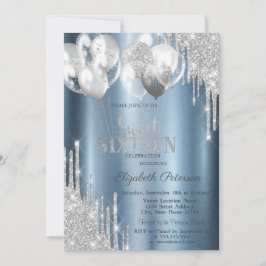 Silver Glitter Drips Balloons Blue Sweet 16 Einladung