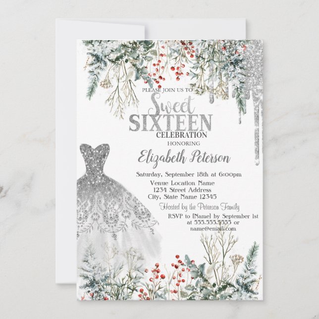 Silver Glitter Drips,Dress Winter Flowers Sweet 16 Einladung (Vorderseite)
