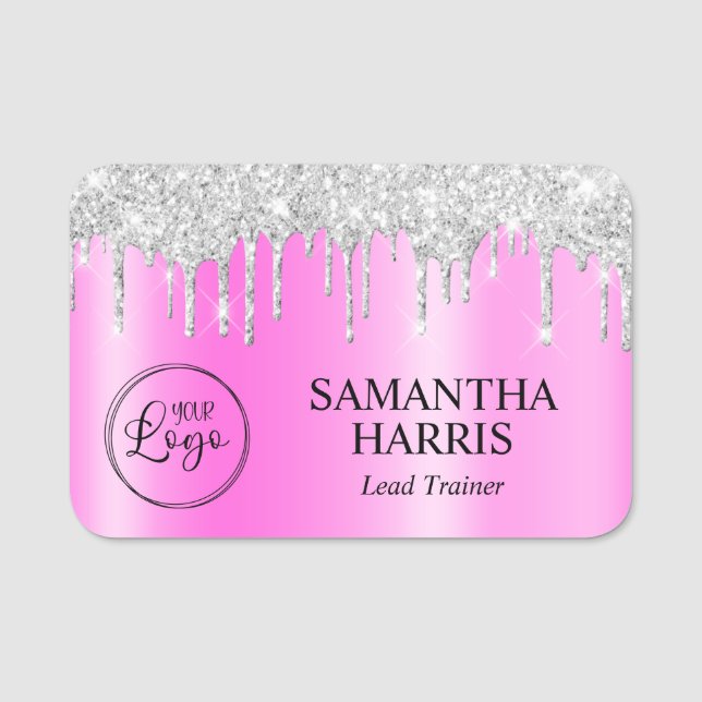 Silver Glitter Drips Magenta Shimmer Namensschild (Vorderseite)