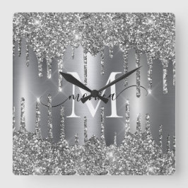 Silver Glitter Drips Monogram Personalized Quadratische Wanduhr