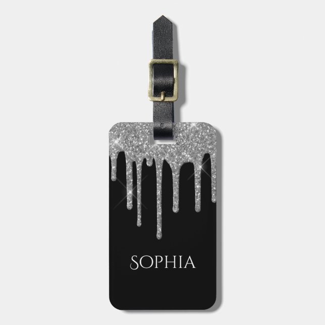 Silver Glitter Drips, Name & Info on Black Gepäckanhänger (Vorderseite vertikal)