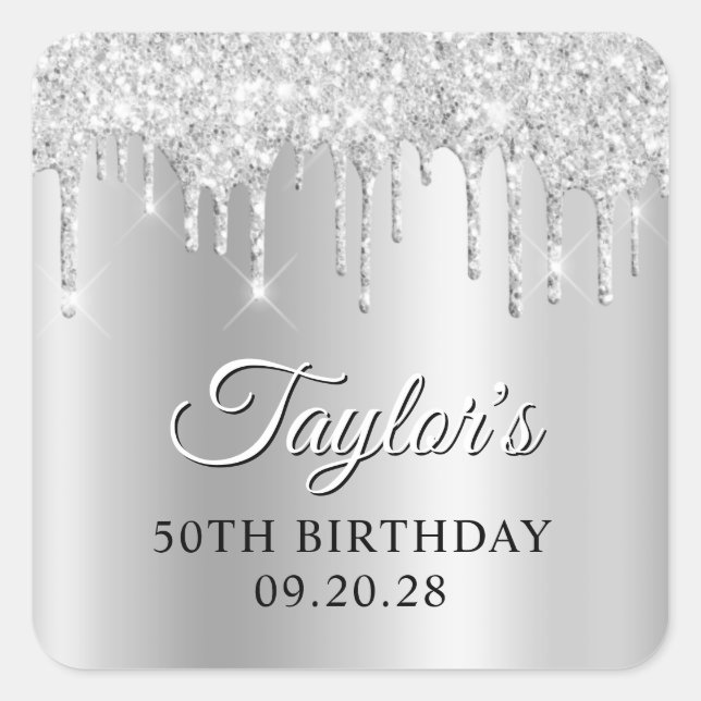 Silver Glitter Drips Pale Grey Ombre Drop Shadow Quadratischer Aufkleber (Vorderseite)