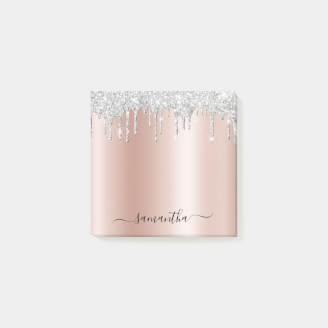 Silver Glitter Drips Pale Rose Gold Shimmer Post-it Klebezettel (Vorderseite)