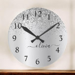 Silver Glitter Glam Metal Monogram Name Große Wanduhr<br><div class="desc">Silver Faux Foil Metallic Sparkle Glitter Brushed Metal Monogram Name Clock. This makes the perfect sweet 16 birthday,  wedding,  bridal shower,  anniversary,  baby shower or bachelorette party gift for someone that loves glam luxury and chic styles.</div>
