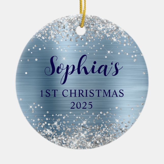 Silver Glitter Light Blue Foil 1st Christmas Photo Keramik Ornament (Vorne)