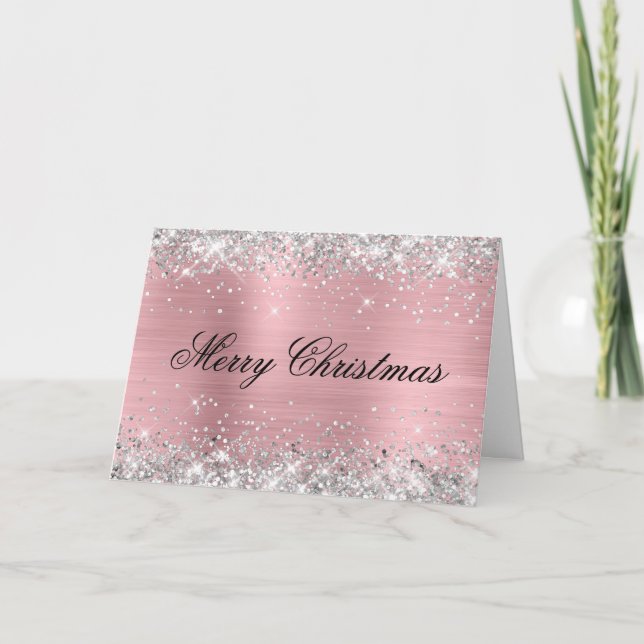Silver Glitter Metallic Pink Family Photo Karte (Vorderseite)