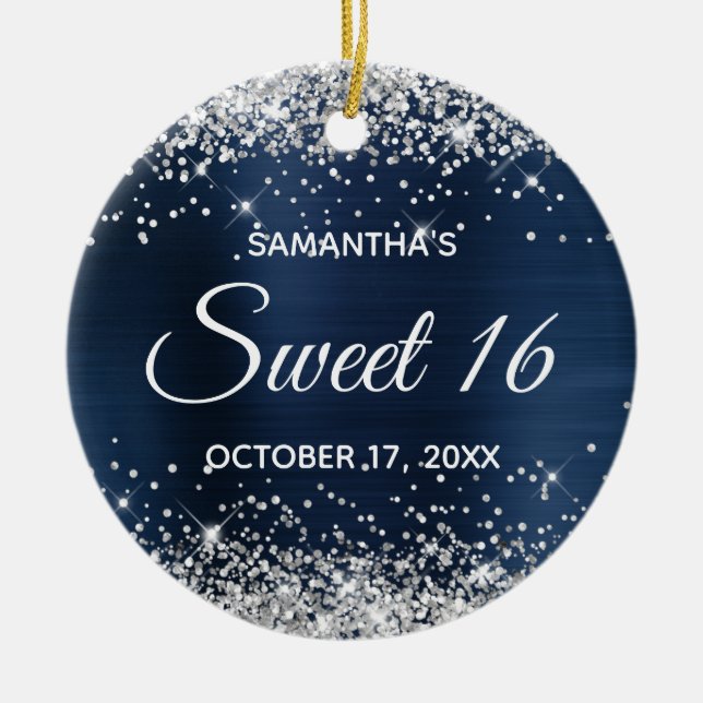Silver Glitter Navy Blue Foil Sweet 16 Birthday Keramik Ornament (Vorne)