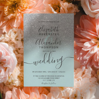 Silver glitter ombre sage green script wedding einladung