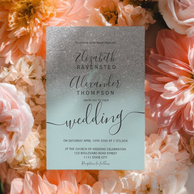 Silver glitter ombre sage green script wedding einladung (Silver glitter ombre sage green script wedding invitation)