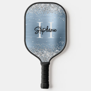 Silver Glitter Pale Blue Foil Monogrammed Pickleball Schläger