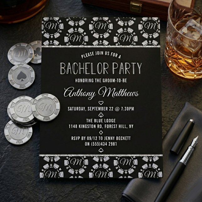 Silver Glitter Poker Chip Las Vegas Bachelor Party Einladung (Von Creator hochgeladen)