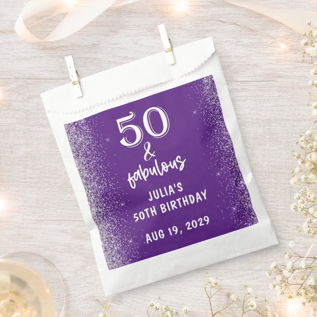 Silver Glitter Purple 50th Birthday Party Geschenktütchen (Ausgeschnitten)