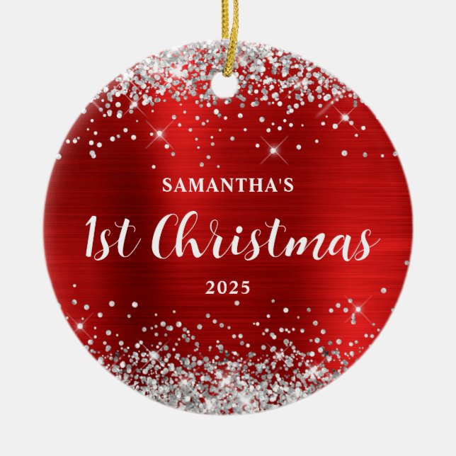 Silver Glitter Red Foil 1st Christmas Keramik Ornament (Vorne)