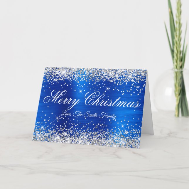 Silver Glitter Royal Blue Foil Merry Christmas Karte (Vorderseite)