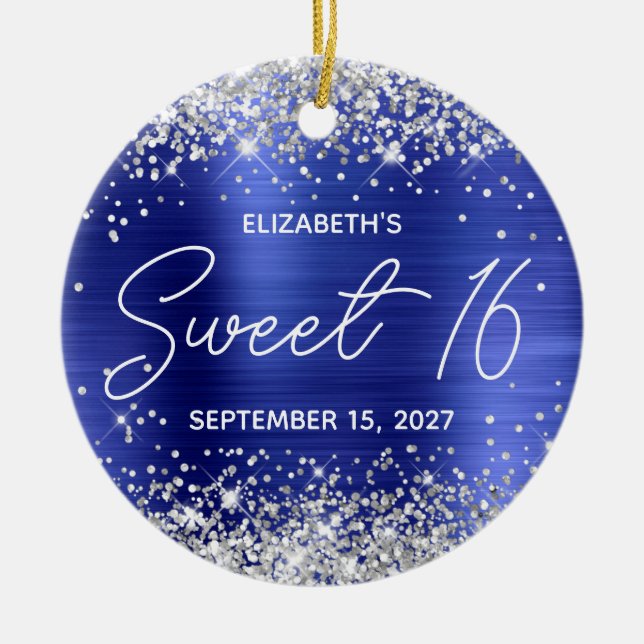 Silver Glitter Sapphire Blue Fancy Sweet 16 Photo Keramik Ornament (Vorne)