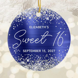 Silver Glitter Sapphire Blue Fancy Sweet 16 Photo Keramik Ornament