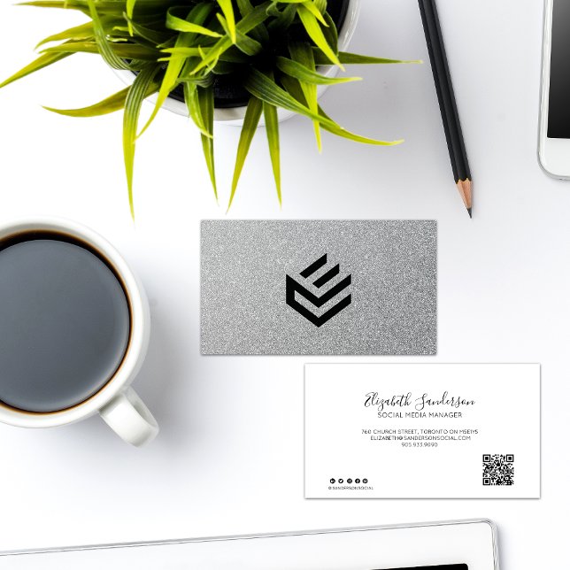 Silver Glitter Script YOUR QR CODE Business Card Visitenkarte (Von Creator hochgeladen)