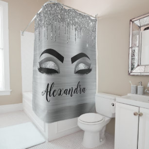 Silver Glitter Sparkle Eyelashes Monogram Duschvorhang