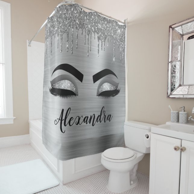 Silver Glitter Sparkle Eyelashes Monogram Duschvorhang (Beispiel)