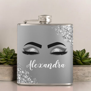Silver Glitter Sparkle Eyelashes Monogram Flachmann