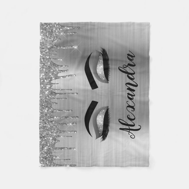 Silver Glitter Sparkle Eyelashes Monogram Fleecedecke (Vorderseite)