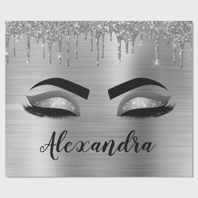 Silver Glitter Sparkle Eyelashes Monogram Geschenkpapier (Flach)