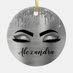 Silver Glitter Sparkle Eyelashes Monogram Keramik Ornament