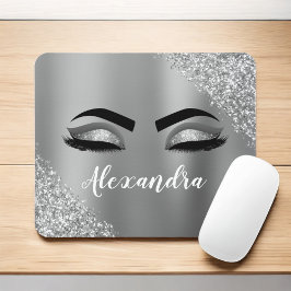 Silver Glitter Sparkle Eyelashes Monogram Mousepad