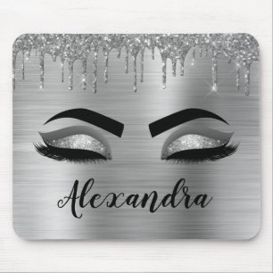 Silver Glitter Sparkle Eyelashes Monogram Mousepad