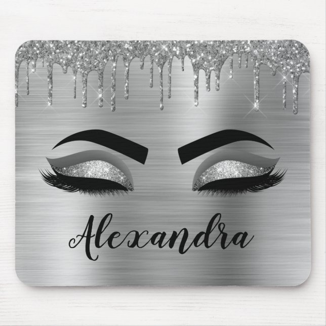 Silver Glitter Sparkle Eyelashes Monogram Mousepad (Vorne)