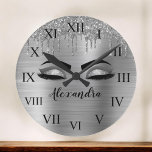 Silver Glitter Sparkle Eyelashes Monogram Name Große Wanduhr<br><div class="desc">Silver Faux Foil Metallic Sparkle Glitter Brushed Metal Monogram Name and Initial Eyelashes (Lashes),  Eyelash Extensions and Eyes Decorative Clocks. The design makes the perfect sweet 16 birthday,  wedding,  bridal shower,  anniversary,  baby shower or bachelorette party gift for someone looking for a trendy cool style.</div>
